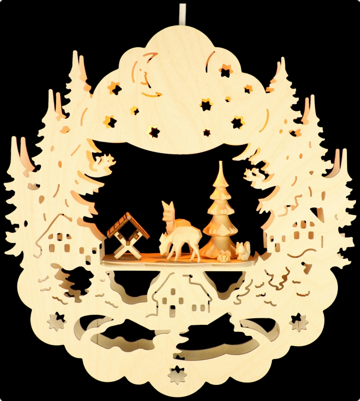 Fensterbild, Waldmotiv mit Rehe und Futterkrippe